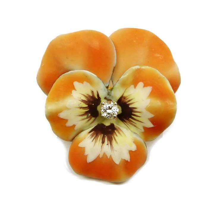 Antique orange enamel and diamond pansy brooch,